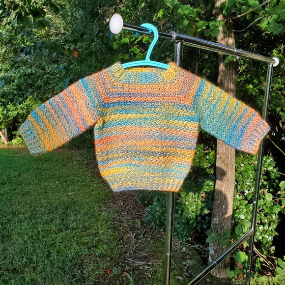 Multicolor Handmade Crochet Baby Sweater w/ Ribbed Collar, Sleeves, & Bottom - Picture 2 of 9